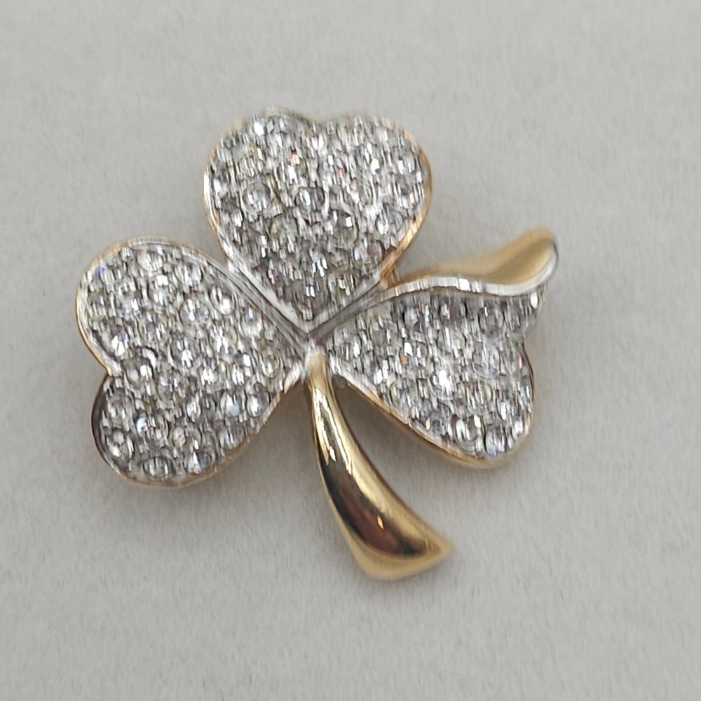 Tara Shamrock Rhinestone Brooch Gold Tone Irish St Patricks Day Lucky Clover Pin - Picture 11 of 11